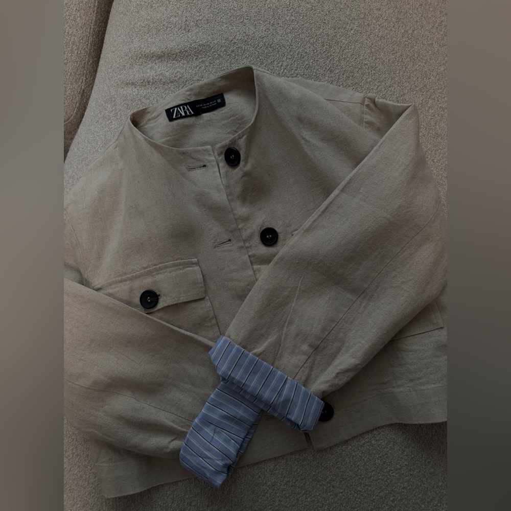 Zara Woman’s Tan Jacket with Blue Accents